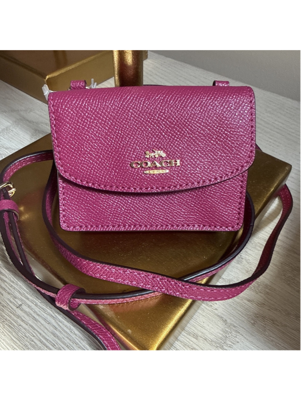 Coach Flap Leather Card Case On Lanyard C5611 (Bright Violet) New Gold Hardware - Picture 2 of 8